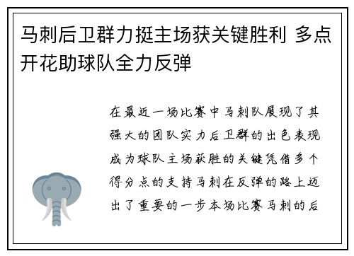 马刺后卫群力挺主场获关键胜利 多点开花助球队全力反弹